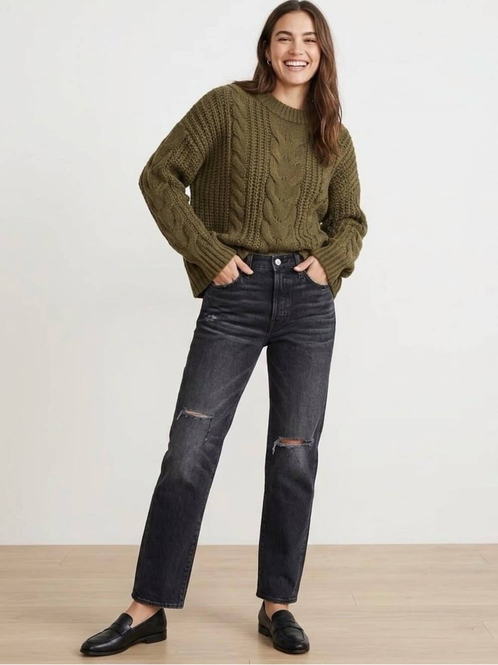 Edwin Women's CAi Straight Leg Ripped Distressed Black Denim Jeans Pants 27, NWT